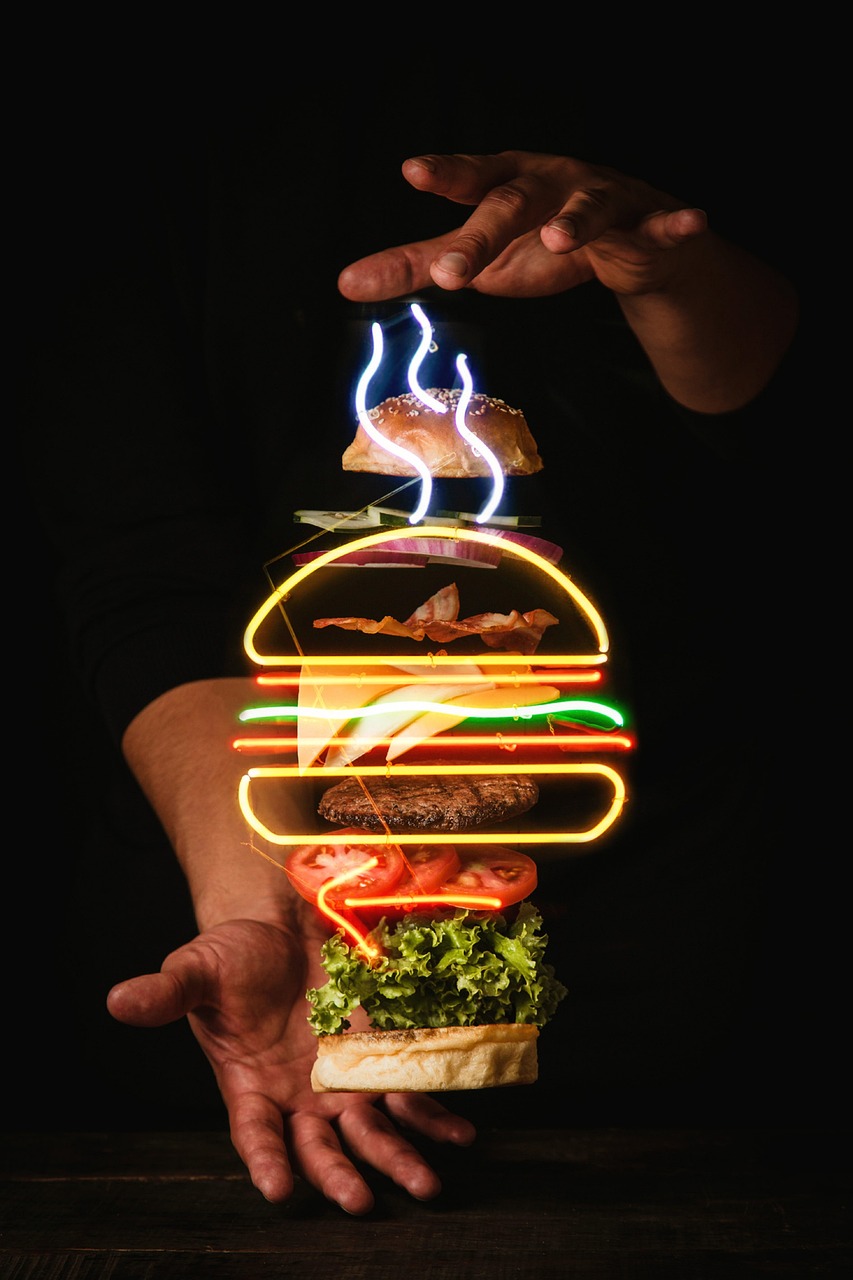 service-02 burger, patties, vegetables, buns, fast food, floating, hands, food, poster, advertising, neon, entrepreneurship, burger, burger, burger, burger, burger, fast food